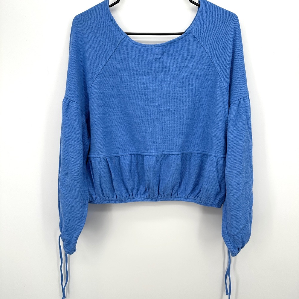 Aerie Blue Endless Summer Cropped Sweatshirt Ruffle Hem Tie Cuff Size Medium - Picture 5 of 9